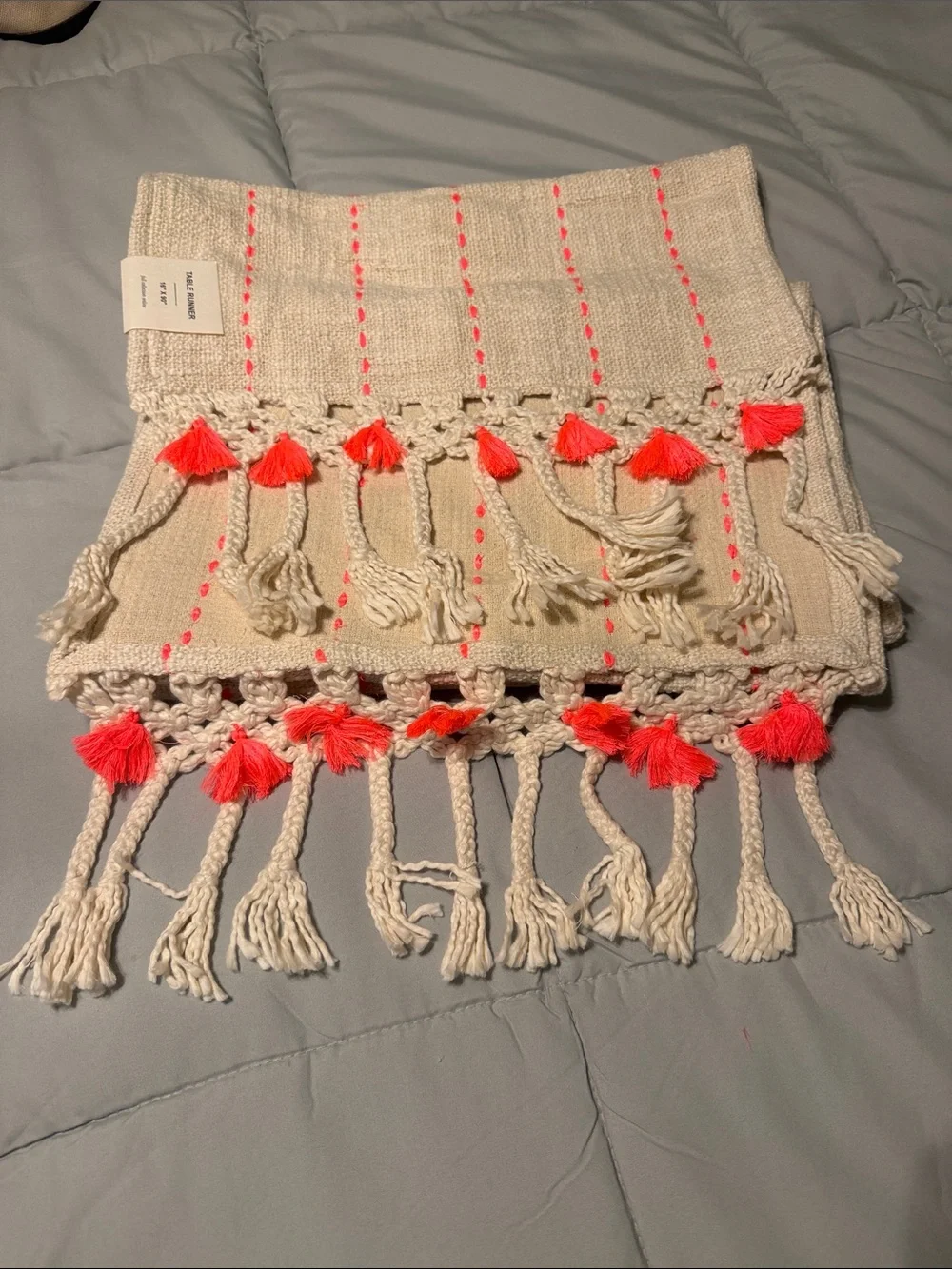 Anthropologie Cream Woven Throw with Neon Pink Tassels